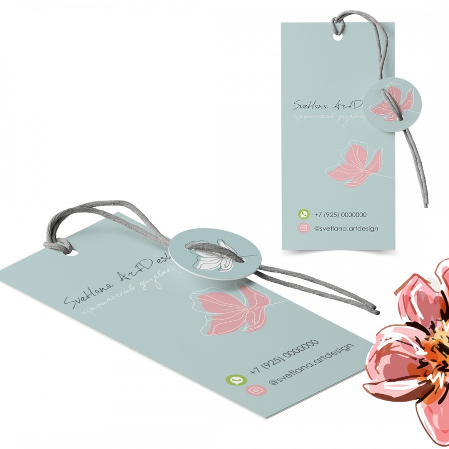 Дизайн шаблон визитка, бирка  и наклейка с цветком (арт10-52)